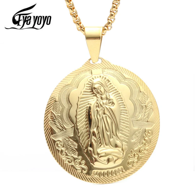 Eyeyoyo Mens Necklaces Virgin Mary Maria Miraculous Medal Gold color Stainless Steel Fashion Religion Jewelry