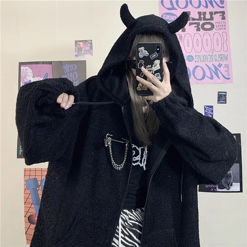 Ruibbit/осенне зимняя женская Толстовка Harajuku в стиле панк готика черный дьявол