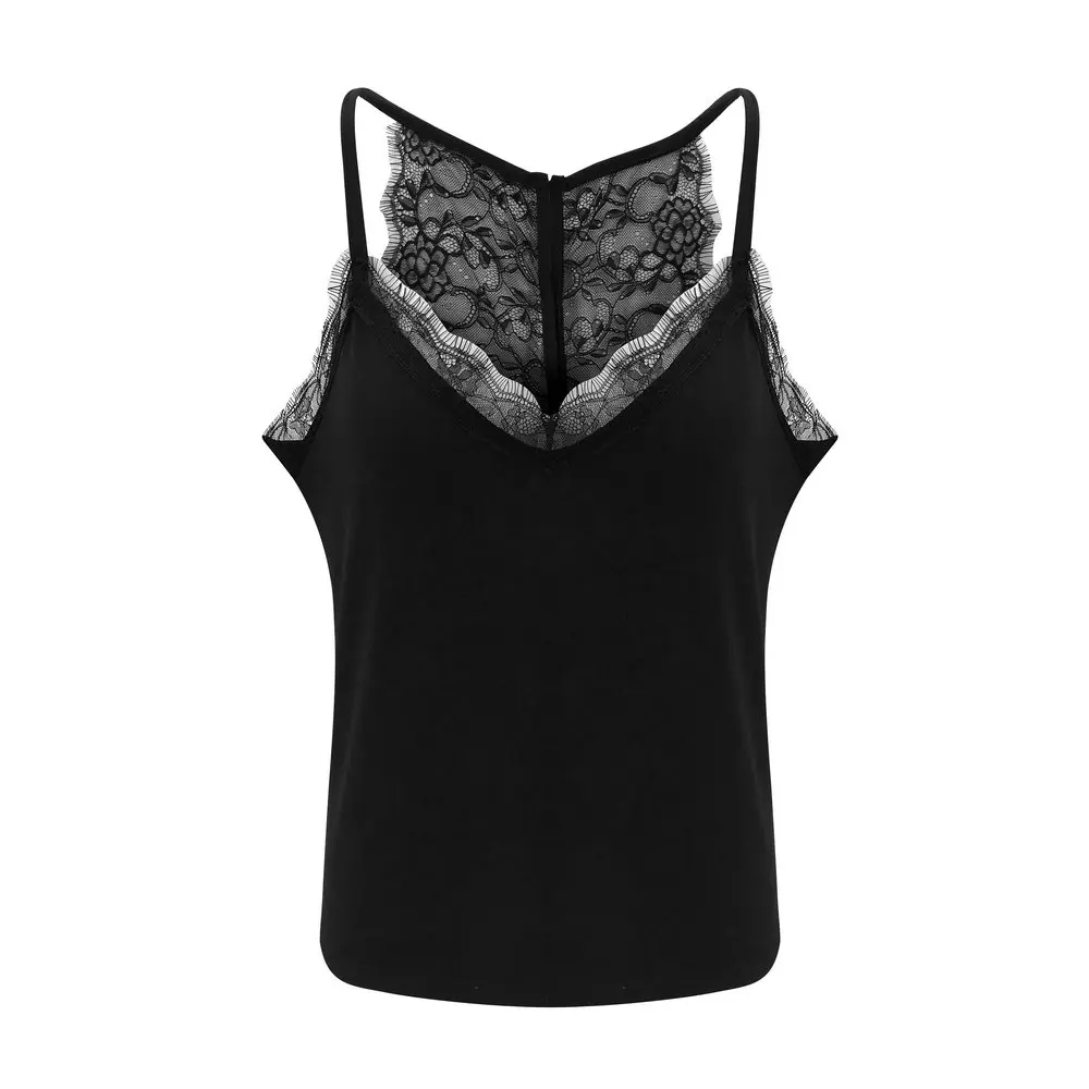 

Sexy Women Summer Camis Top Hollow Design Lace Button Decoration Perspective Strap Sleeveless Halter Solid Color Slim Pullover
