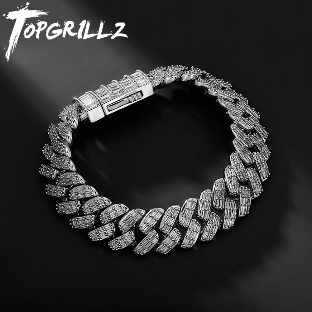 TOPGRILLZ 16mm Bracelet Iced Out Baguette Prong Set Cuban Chain in White Gold Micro Pave Cubic Zirconia Hip Hop Jewelry Gift