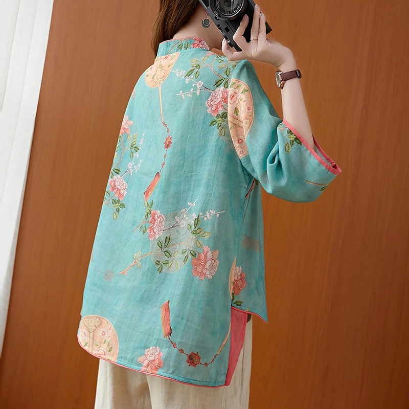 Костюм Тан из 2021 хлопка и льна Женская Осенняя новая свободная футболка с принтом