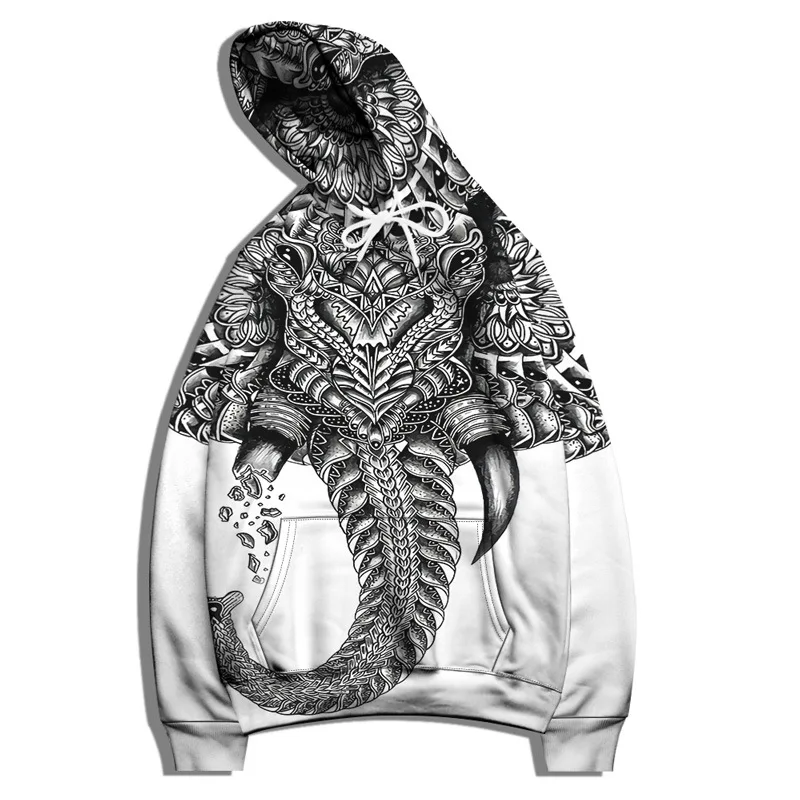 

3D Digital Printed Elephant Pattern Casual Pullover Drawstring Hoodie Men Personalize Loose Pocket Hoodie Long Sleeve Streetwear