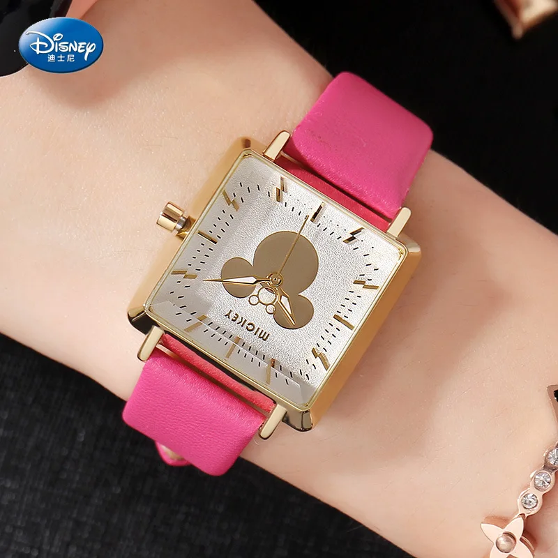 

Disney Mickey Mouse Women Quartz Watch 3Bar Waterproof Simple Fashion Cute Square Leather Strap Women Watches Gift Alloy Buckle