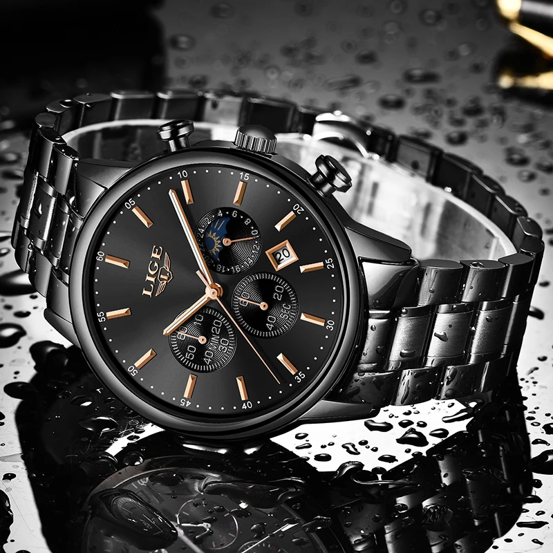 LIGE модные синие мужские часы лучший бренд Роскошные полностью стальной сетчатый
