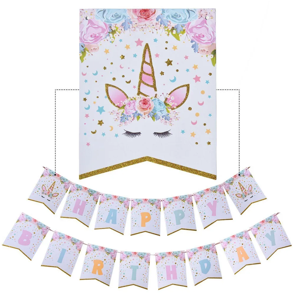 1 комплект бумажный баннер С Днем Рождения в виде единорога вечерние украшения