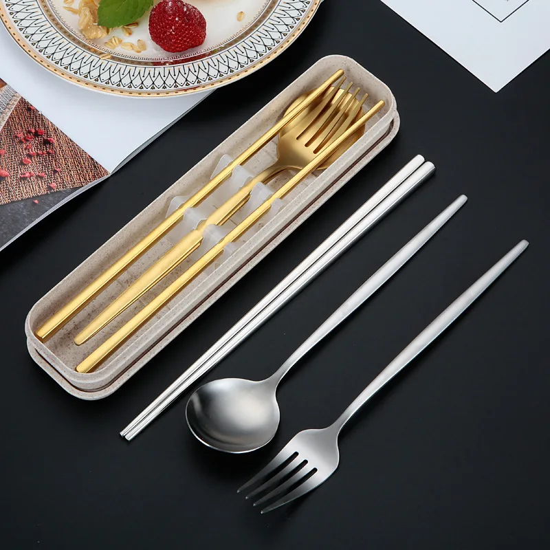 

Children Portable Tableware Picnic Stainless Steel Cutlery Set Korean Dinnerware Coffee Spoon Chopsticks With Box Kitchen Utensi