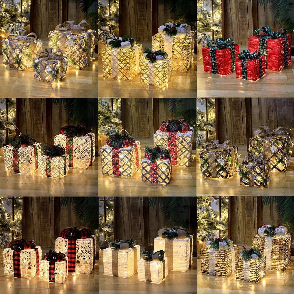 

Christmas Wrought Iron Gift Box Warm White Christmas Box Three-piece Battery Holiday Boxes String Light Set Ornament With H8e9