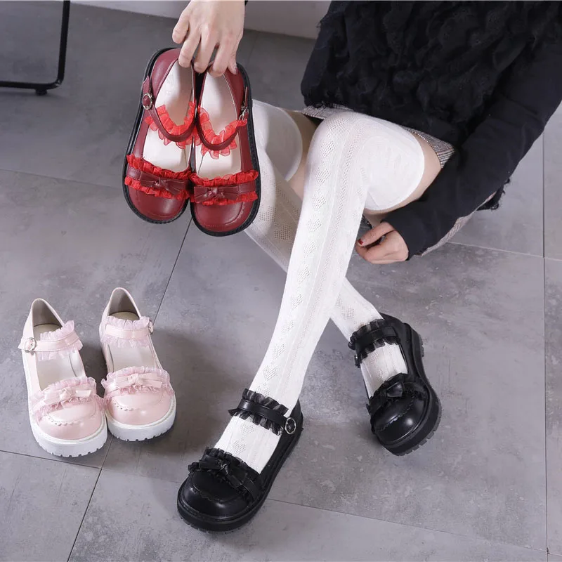 

Туфли женские, кружевные, с бантом, на толстой подошве, обувь kawaii