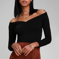 lady sexy tshirts off shoulder strapless big deep v neck solid long sleeved slim t shirt for women black top plus fashion