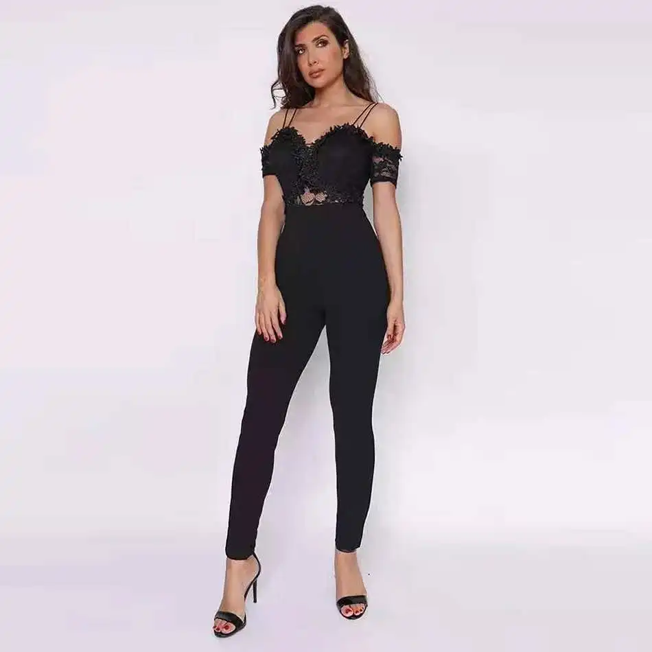 Новинка лета 2020 женский черный кружевной бандажный комбинезон на бретелях