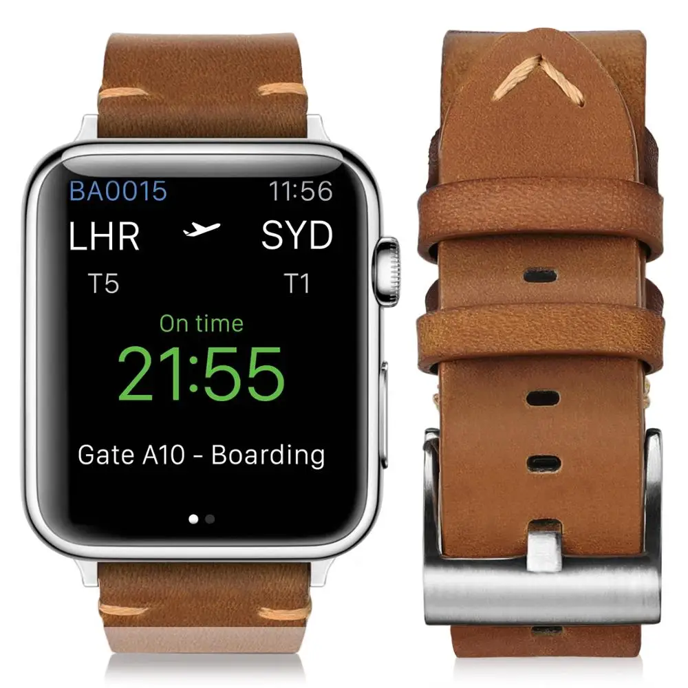 Ремешок для часов из натуральной кожи коричневый Apple Watch Series 4 3 2 1 38 42 мм