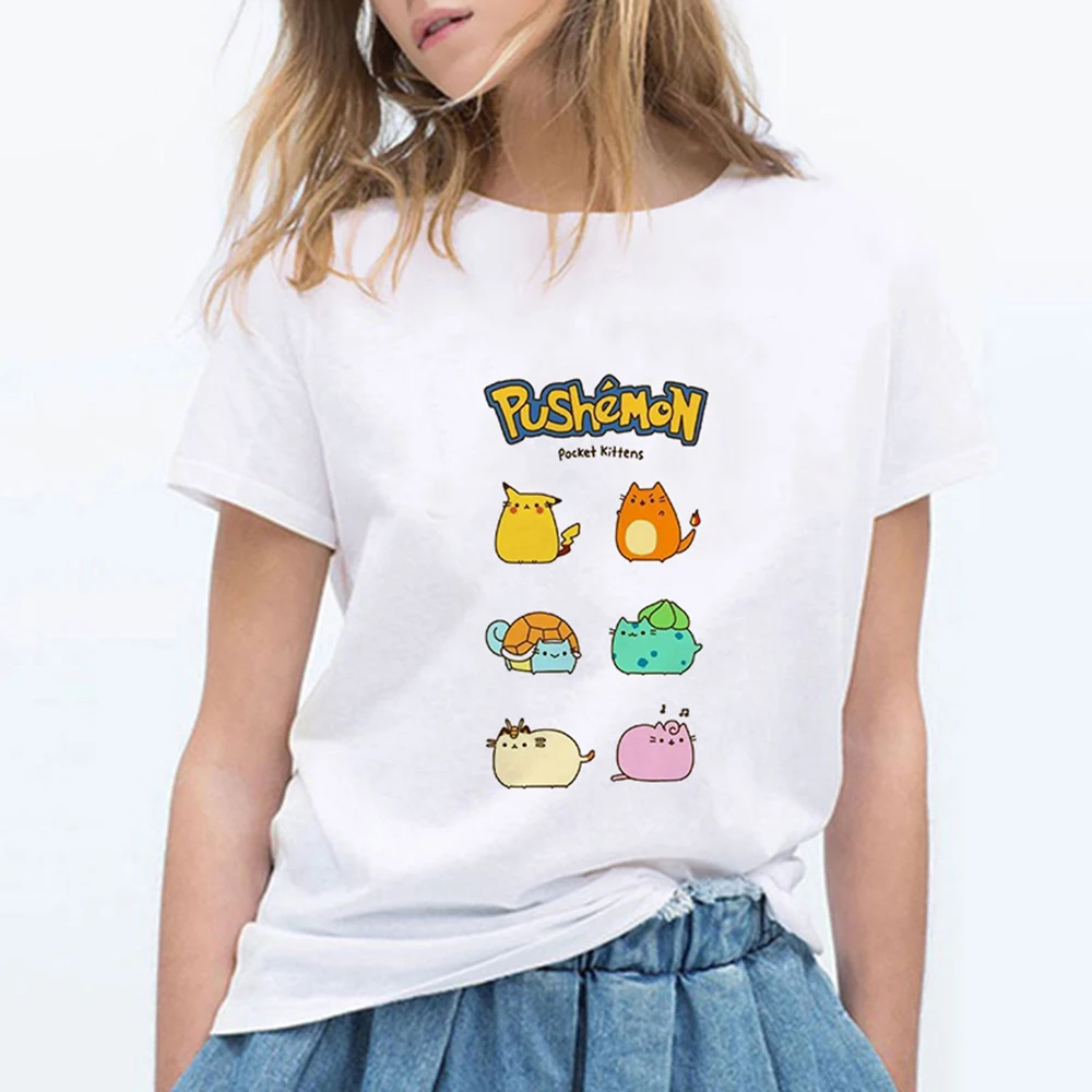 19bk341 Новые модные женские туфли футболки Pokemon kawaii футболка аниме Pika Для женщин футболка Пикачу футболка хлопок короткий рукав для девочек Футболки-топы - Цвет: 19bk341