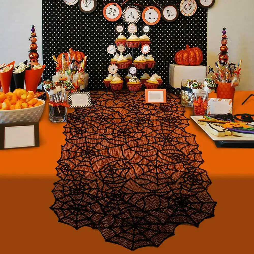 

Halloween Spider Web Table Runner Black Lace Tablecloth Cover Party Table Decor Polyester Tablecloths Covers