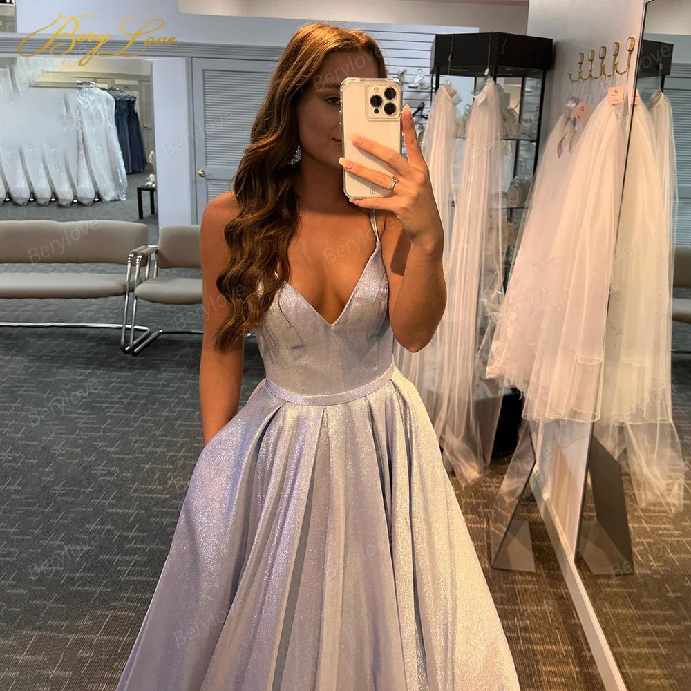 

Berylove Sexy Shiny Evening Dresses A Line Long Prom Dress Spaghetti Strap Formal Evening Gowns Elegant robe de soirée femme