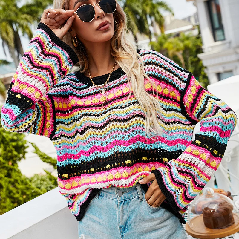 

2021 New Women Striped Sweater Autumn Loose Long Sleeve Pullover Tops Knitted Patchwork Sweaters Sueters De Mujer Pastel Clothes