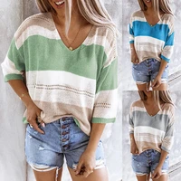sweater womens 2021 stripe color matching top hollow out jumper female