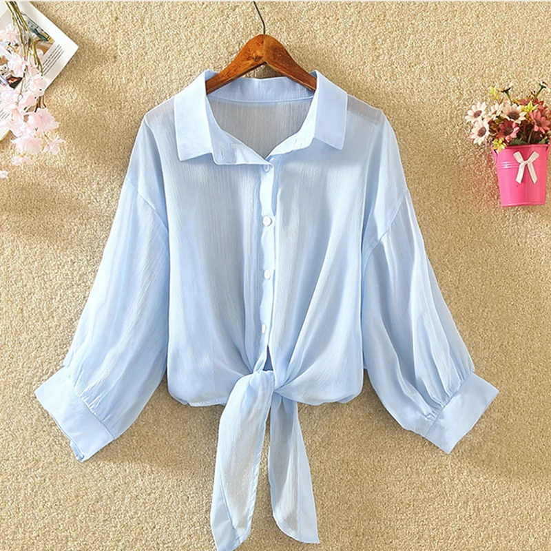 

Lantern Sleeve Chiffon Shirts Women 2021 Summer Transparent Buttoned Up Shirt Top Tied Waist Elegant Women Blouses Cropped