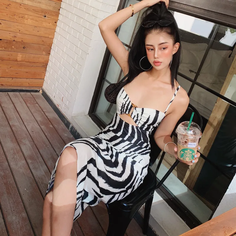 

Women V Neck Split Dress Zebra Stripe Long Summer Spaghetti Strap Party Pink Chiffon Elegant Casual Maxi Dresses Beach
