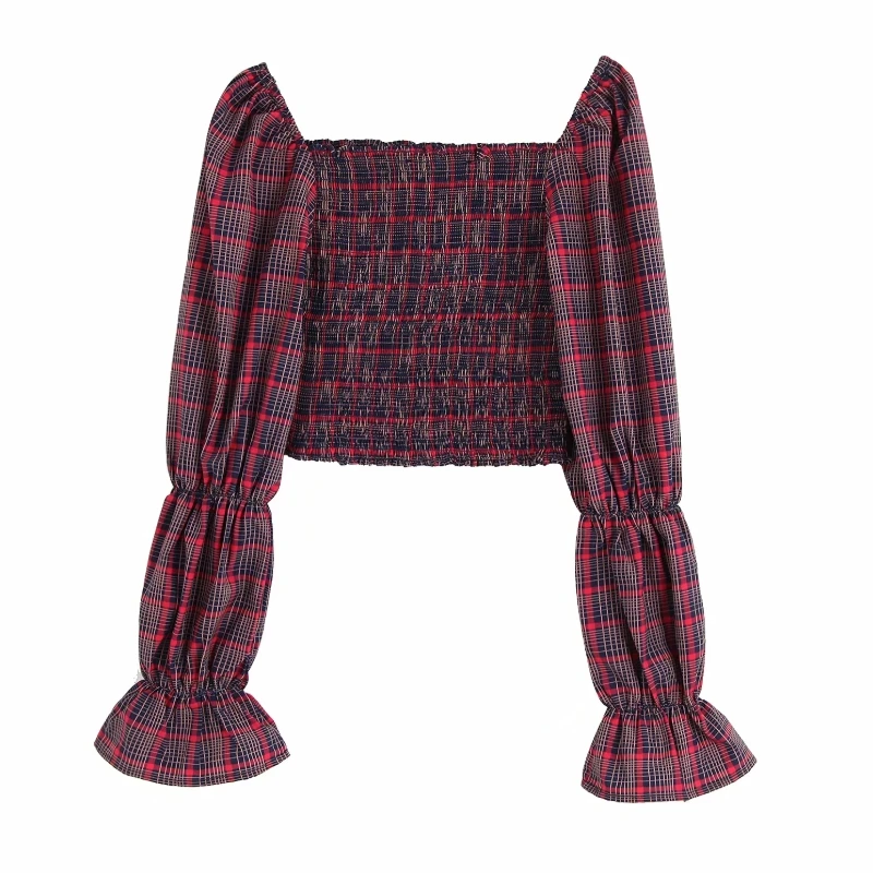 Женская клетчатая эластичная рубашка с квадратным воротником привлекательные