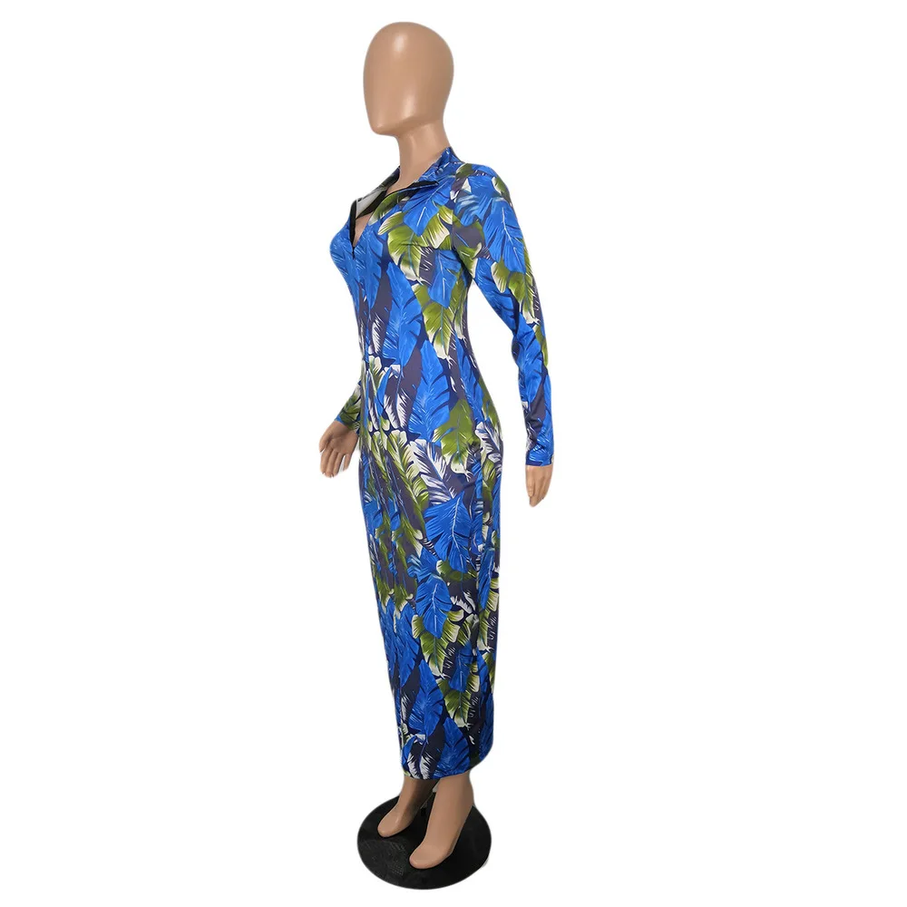 

Women Long Dress Leaves Printed Vintage Bandage Zipper Up Long Sleeve Party Clubwear Dress Vintage Skinny Wear on Both Side