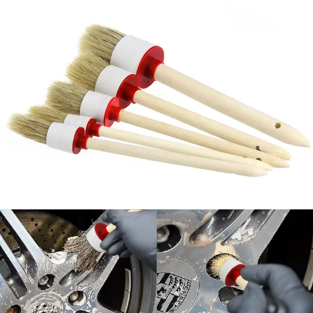 

5Pcs Soft Car Detailing Wheel Wood Handle Brushes For Cleaning Dash Trim Seats Handy Washable Car Cleaning Tool For SUV