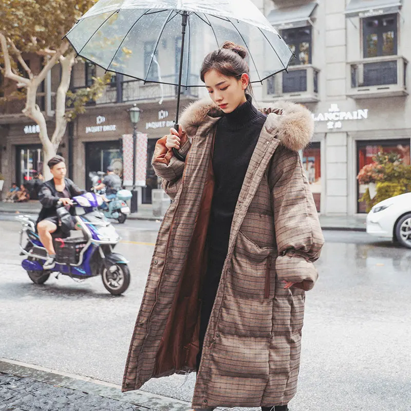 New Winter Jacket Women Long Coat Plaid Parka Down Fur collar Hooded Thick Warm Cotton clothing Loose Overcoat Tide | Женская одежда