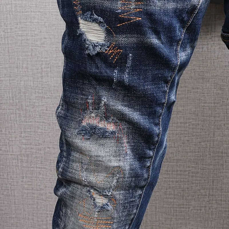 European American Street Fashion Men Jeans Retro Blue Elastic Slim Ripped Jeans Men Spliced Designer Hip Hop Denim Punk Pants