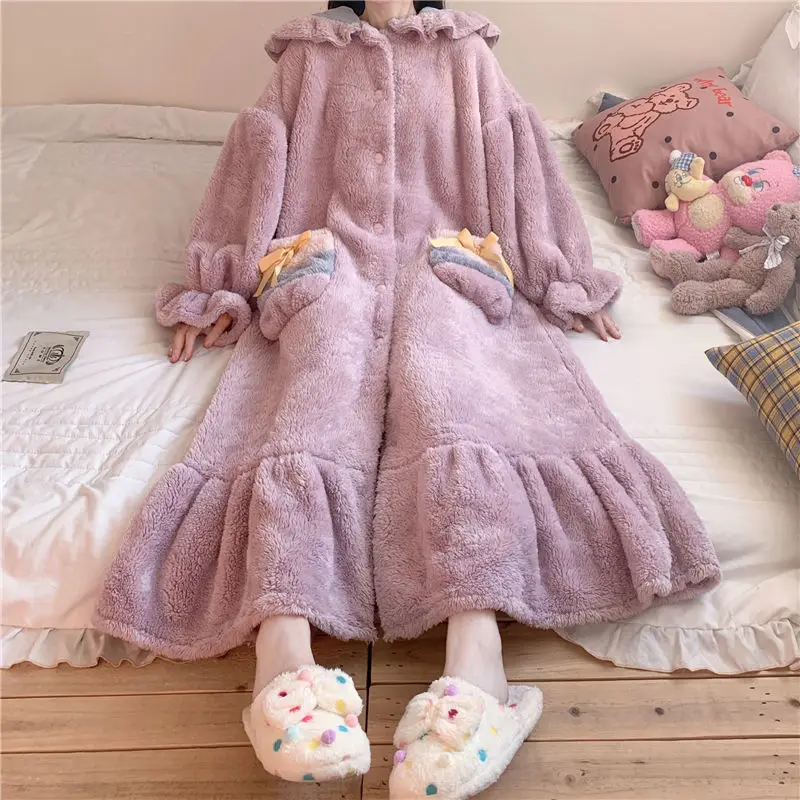 Long Section Robe Thickened Coral Velvet Pajamas Female Autumn and Winter Korean Version of The Lovely Nightgown Home Wear