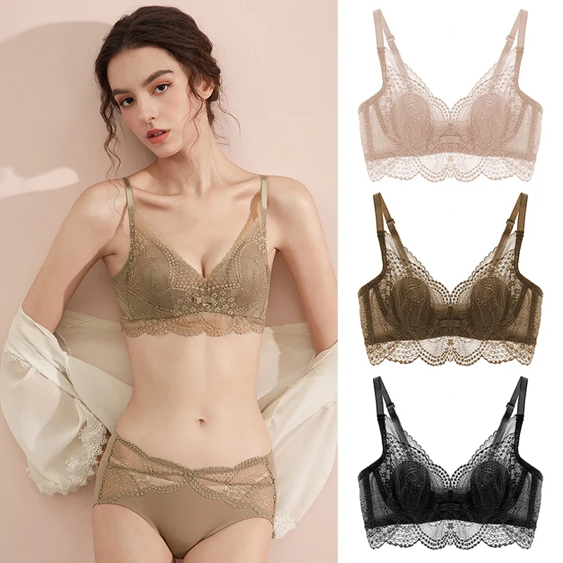 

High-end lace underwear ladies memory steel ring big breasts show small thin bra rabbit ears crystal cup bra