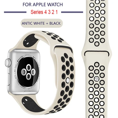 Дышащий силиконовый спортивный ремешок для Apple Watch 5, 4, 3, 2, 1, 42 мм, 38 мм, резиновый ремешок для Nike+ Iwatch 5, 4, 3, 40 мм, 44 мм - Цвет ремешка: 1 Antic white Black