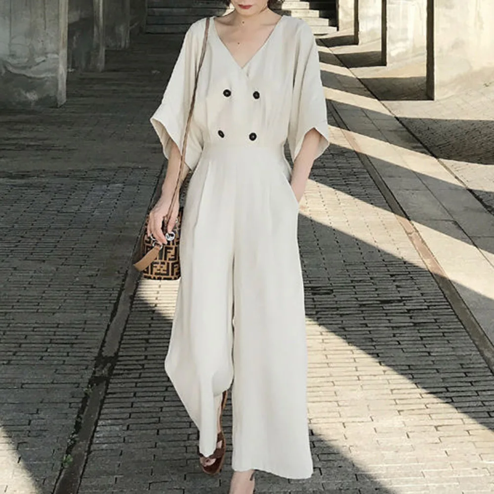 Сплошной цвет женский комбинезон 2020 Корейский Летний полурукав пуговицы Длина