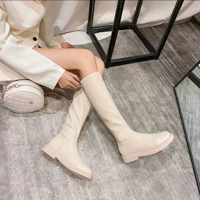 

2022 New Women Knee High Boots Stretch Leather Sock Boots Slim Fit Flat Botas Mujer Autumn Long Boot Casual Bota Feminina