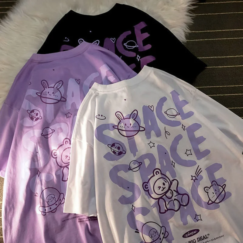 

Cotton bear graffiti short sleeved space print T-shirt loose 2021new summer trend half sleeved retro Harajuku style couple shirt