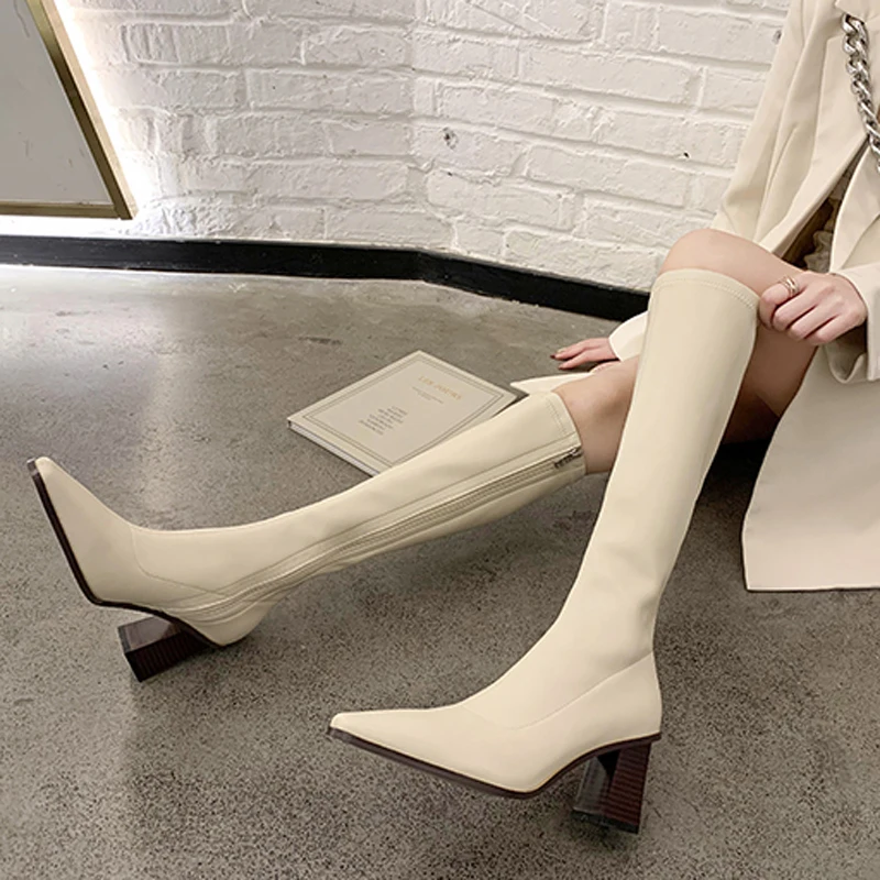 

2021 Fashion White PU Leather Knee-High High Block Heels Boots Women New Female Pointed Toe Motorcycle Long Shoes Autumn Winter