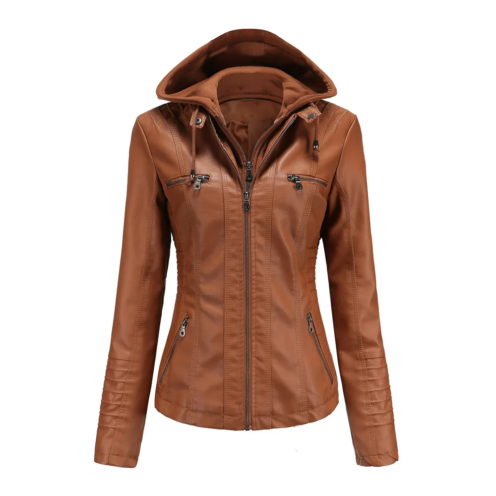 2021 European and American cross border hooded leather jacket two-piece detachable large leather jacket spring and autumn coat