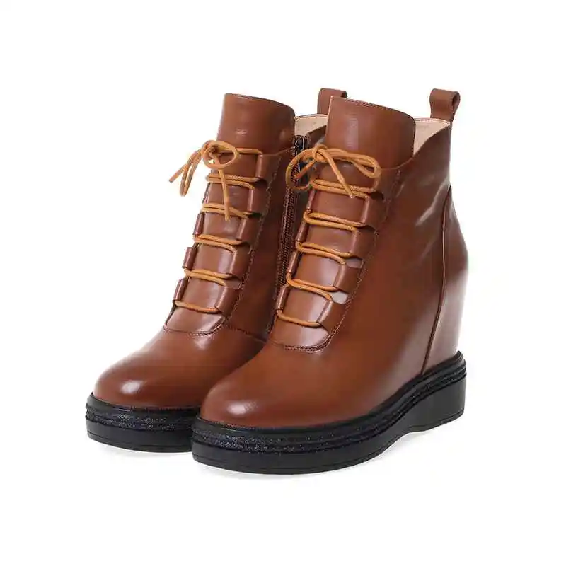 

Lenkisen genuine leather round toe leisure style thick bottom lace up super high heels winter keep warm women ankle boots L10