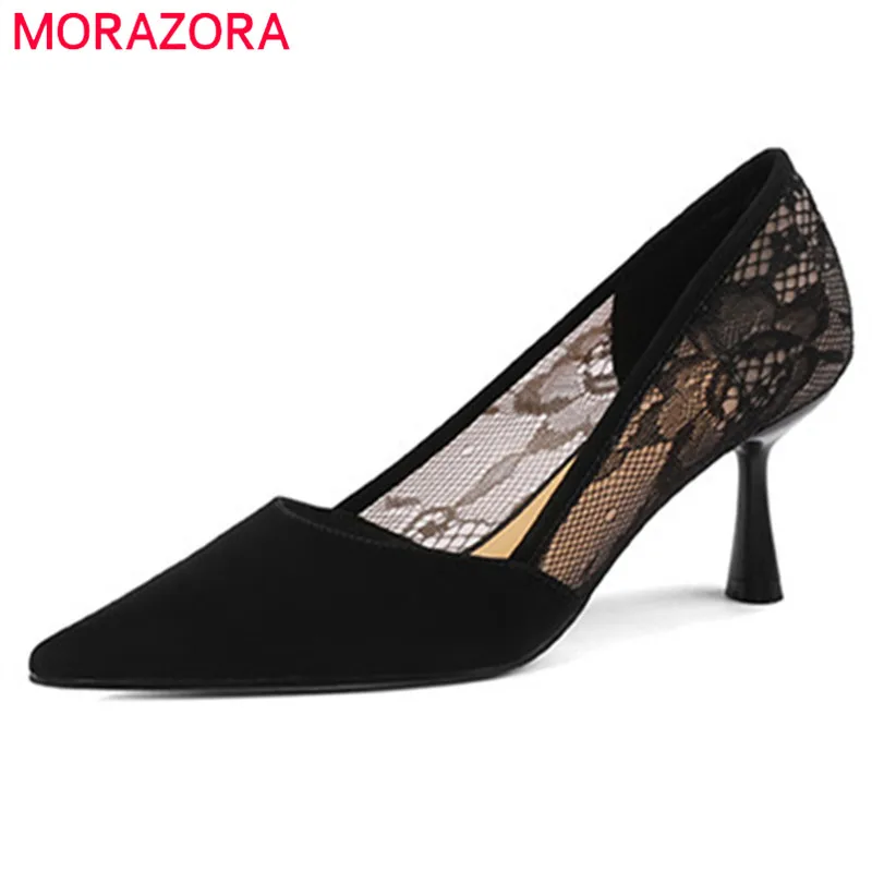 

MORAZORA 2022 Newest Party Wedding Dress Shoes Women Pumps Mesh Slip On Spring Summer Thin High Heels Single Shoes Woman