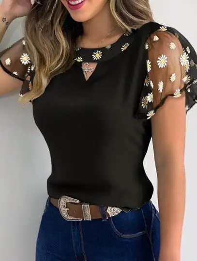 

Women's Ruffled Sleeve T-Shirt Summer Fashion Casual Flower Embroidery Cutout Mesh Sheer Tops