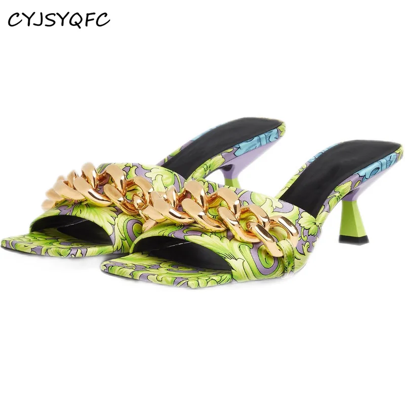 

CYJSYQFC Women Casual Slippers Summer High Heels Peep Toe Sandals Metal Chain Decoration Sheepskin Comfort Lady Slides For 2021