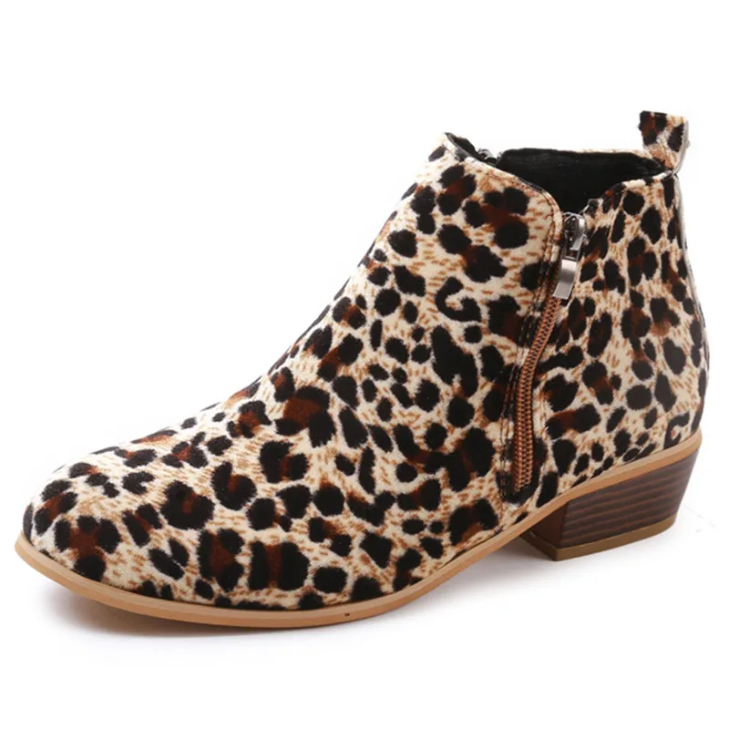 

Round Toe Low-Heel Soft Leather Women's Short Boots Casual Ankle Boots Leopard Print Waterproof Plus Size Women's Single Shoes
