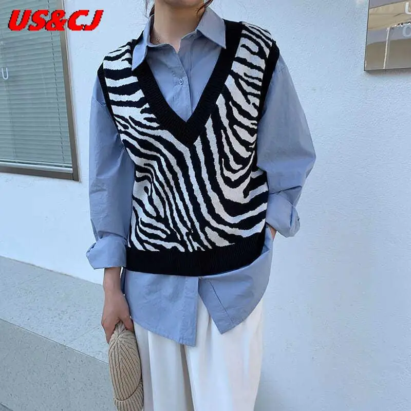 

2021 Autumn Korean Harajuku Retro Zebra Stripe Pullover Fashion V-Neck Knitted Sweater Sleeveless Vest Loose LeisureTops Coat