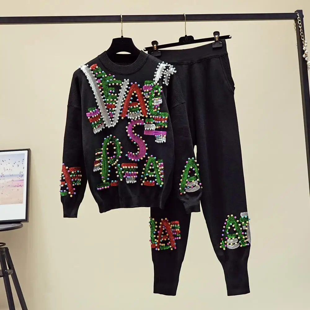 

Luxury Brand Designer Runway 2 Piece Set For Women Beaded Sequined Letters Knitted Top And Knitted Haroun Pants Set Black