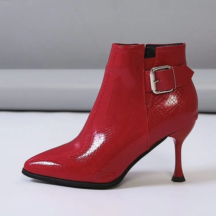

Stiletto Heels Serpentine Short Ankle Boot Women Autumn Winter High Heeled Pointed Toe Leather Pumps Booties