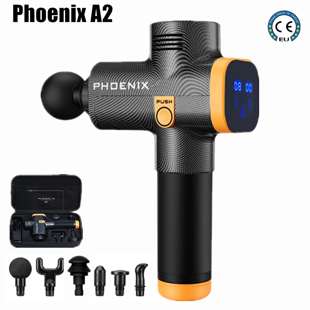Phoenix A2 Massage Gun Professional Vibrating Massager Electric Health Care Body Muscle Pain Relief Therapy Low Noise 4/6 Heads