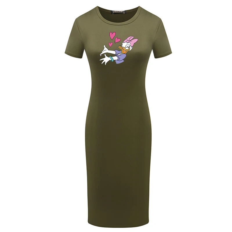 

Disney Daisy Duck Print Summer Women Cute Bodycon Dress O Neck Mini Fitted Casual Short Sleeve Party Pencil Dresses Femme Robes