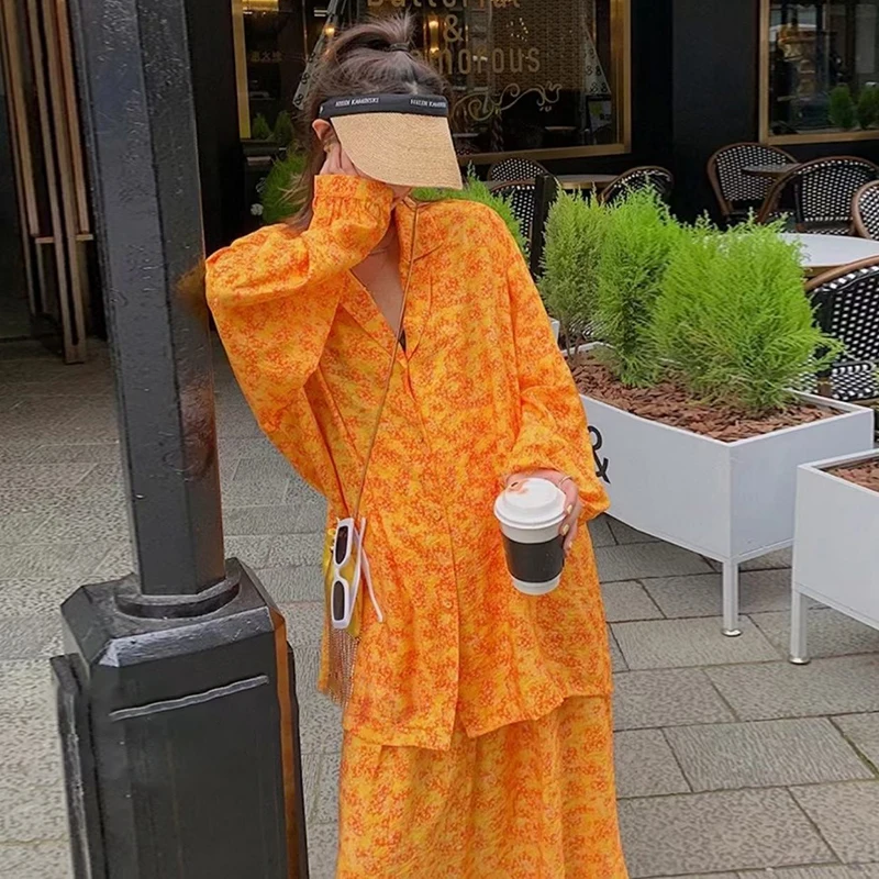 

GALCAUR Orange Two Piece Set For Women Lapel Collar Long Sleeve Tops High Waist Loose Mid Skirts Print Sets Female 2021 Clothing