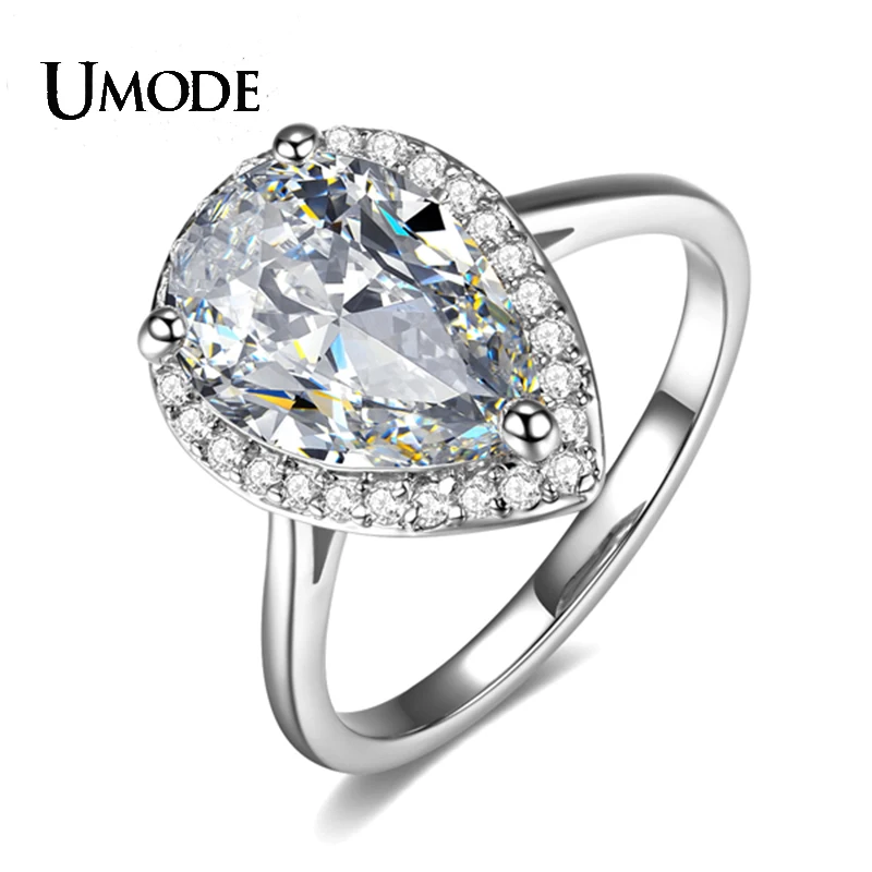 UMODE Обручальные кольца с белой позолотой большим искусственным бриллиантом 4