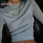 Женская футболка с длинным рукавом ArtSu, белый укороченный топ, футболка с прозрачными оборками, сексуальные топы, футболки, женская одежда для лета и осени