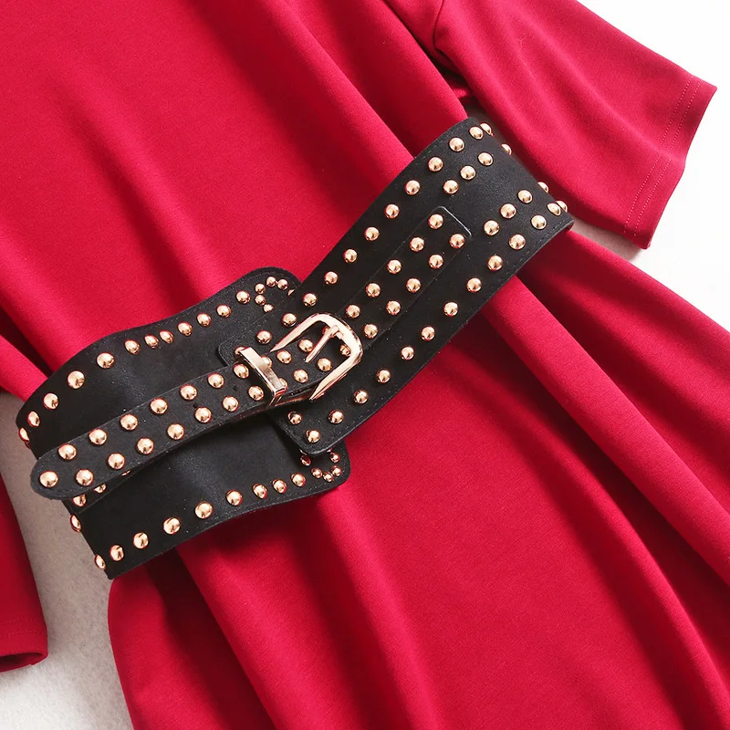 

2020 New Spring Women Elegant Designer Casual Slim Knit Dress O-neck Elastic Quality Red Mid Dresses with Belt