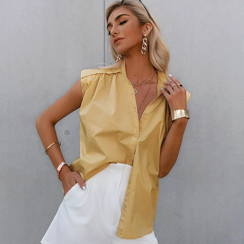 

Fashion New Solid Sleeveless MID-length Women Shirts Summer Turn-down Collar Knitted Casual Shirts Women Donsignet